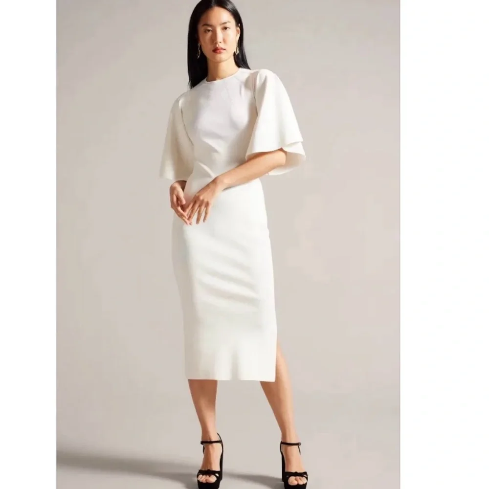 New - Ted Baker London Lounia Fluted Sleeve Body-Con Dress in White Size 1 - Picture 2 of 16